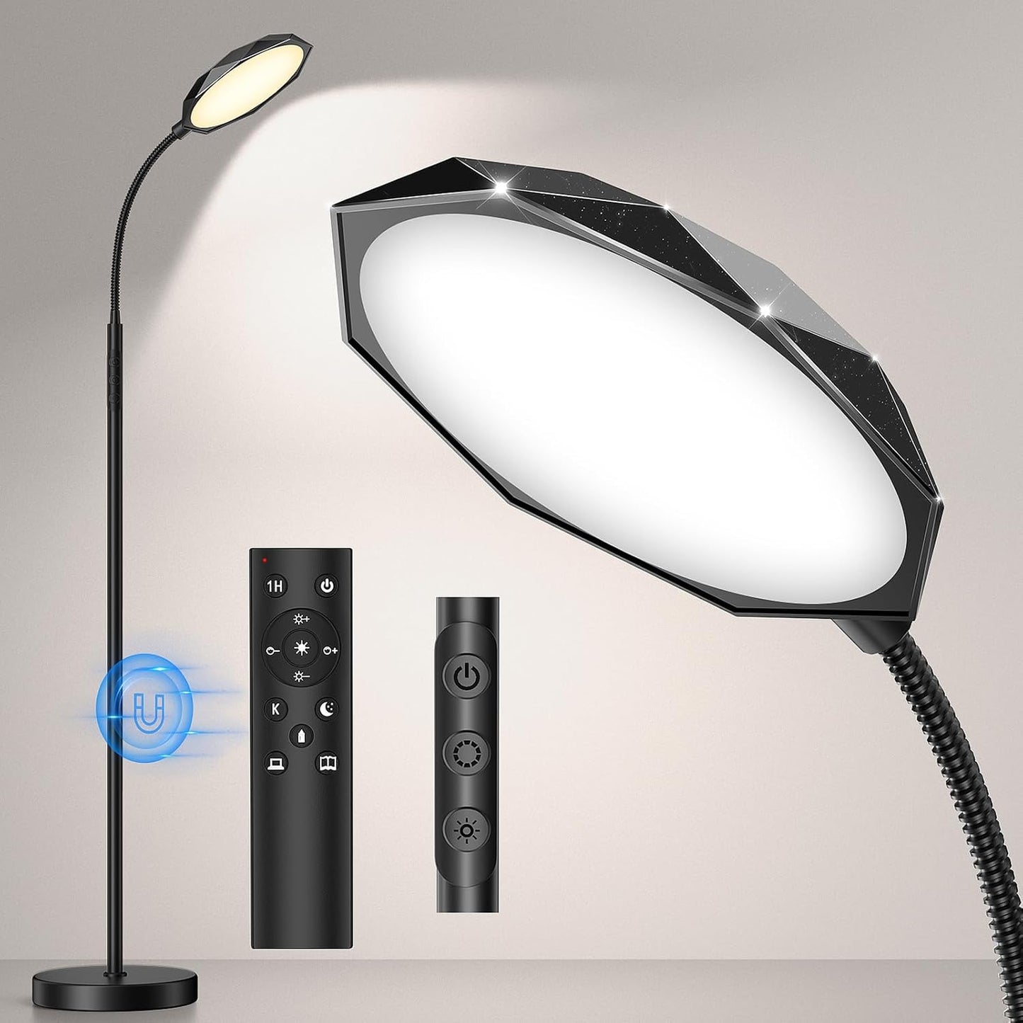 PACOVY Floor Lamp, Adjustable Height Floor Lamps for Living Room Bedroom, 120 LED Super Bright Standing Lamp Remote & Touch Control Dimmable Gooseneck Tall Stand Reading Lamp for Office Craft, Black