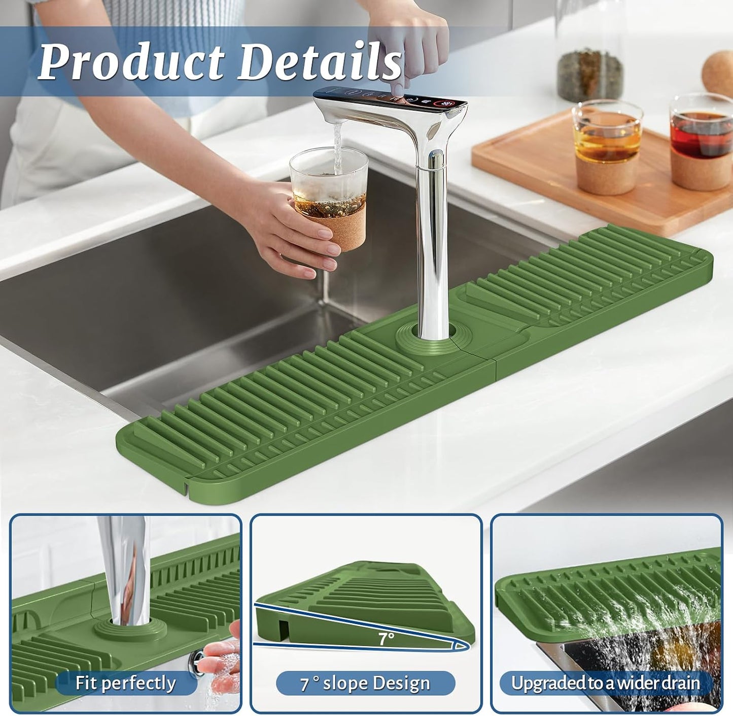 PoYang 24 Inch Faucet Mat for Kitchen Sink Splash Guard, Silicone, Black | Sink Protectors with 7° Slope for Smooth Drainage, Snap Button Holds It in Place, 90° Foldable & Cuttable Hole Fit Most Sinks
