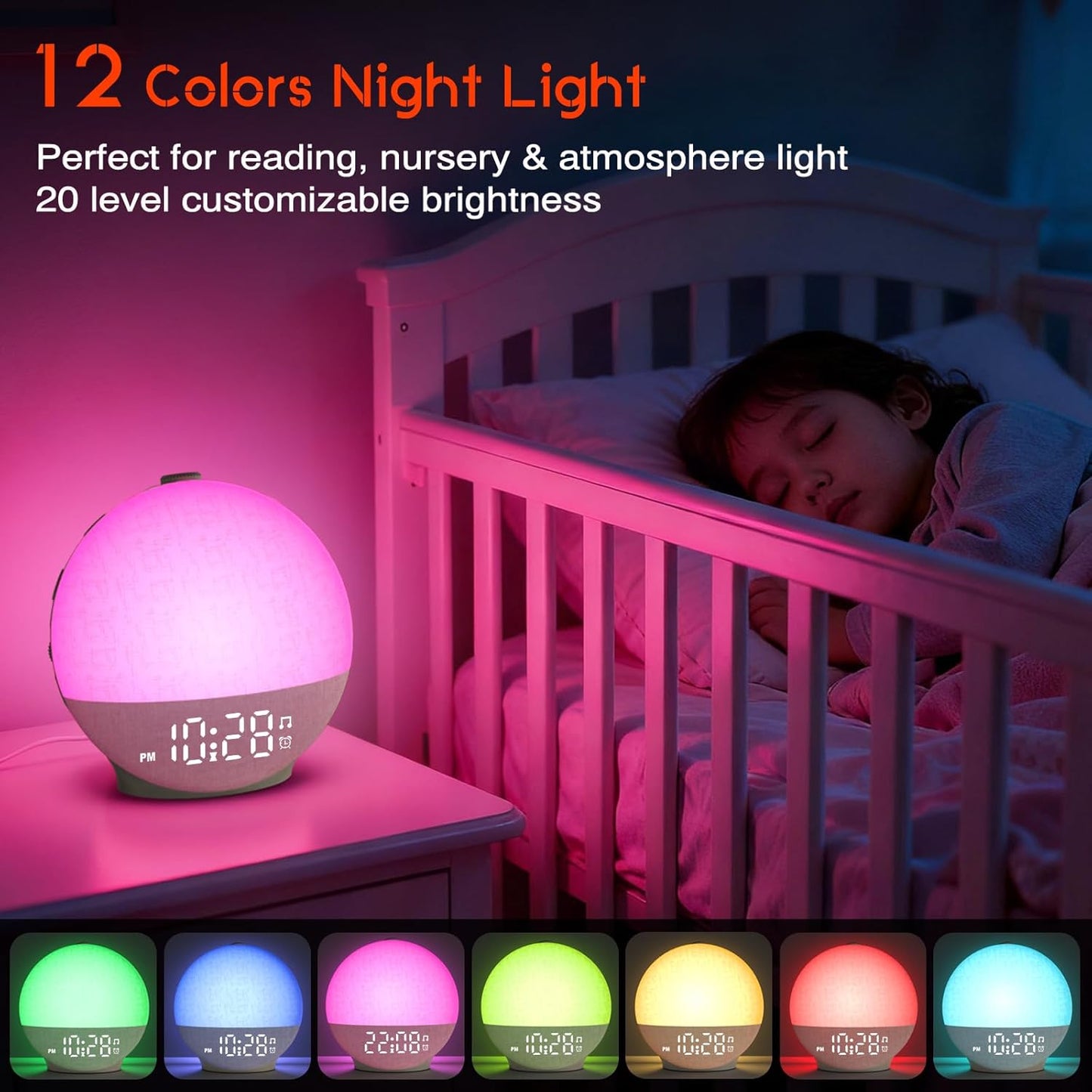 Sunrise Alarm Clock White Noise Machine, Sunset Simulation, 30 Sleep Sounds | 12 Color Night Lights, Dimmable Sunlight Lamp Wake Up Light, Loud Digital Clock for Kids Teens Heavy Sleepers Adults Bedrooms