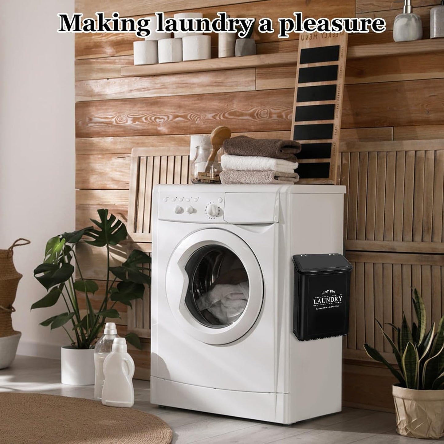 Magnetic Lint Bin with Lint Brush for Laundry Room Decor Farmhouse Rustic Metal Wall Mounted Lint Box Holder Keeper Organization Lint Trash Can with lid for Dryer
