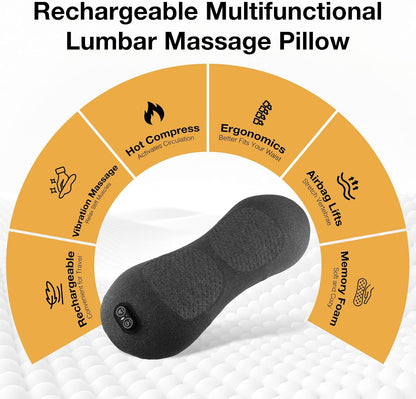 Upgraded 3-in-1 Portable Lumbar Pillow for Back Relief, Smooth Spine Triple Fusion Back Massager with Stretch, Vibration & Heat for Deep Relaxation on Bed, Sofa & Car
