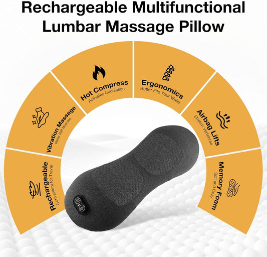 Upgraded 3-in-1 Portable Lumbar Pillow for Back Relief, Smooth Spine Triple Fusion Back Massager with Stretch, Vibration & Heat for Deep Relaxation on Bed, Sofa & Car