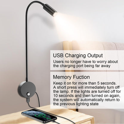 Wall Mounted LED Reading Light with 15" Flexible Gooseneck, Dimmable Book Light for Reading In Bed with USB Charging Port, Plug In Headboard Night Lights, 3 Colors Temperature, Touch Control-2 Pack
