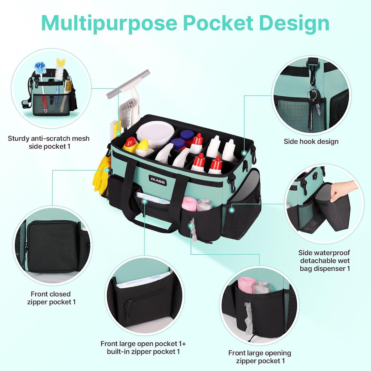 JKAOO Large Wearable Cleaning Caddy Bag with Handles, Denim Blue | Adjustable Shoulder & Waist Straps, Removable, Waterproof Tote for Cleaning Supplies, Home, Car, Office