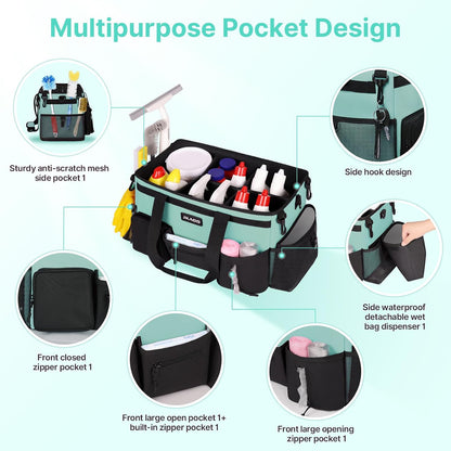 JKAOO Large Wearable Cleaning Caddy Bag with Handles, Denim Blue | Adjustable Shoulder & Waist Straps, Removable, Waterproof Tote for Cleaning Supplies, Home, Car, Office