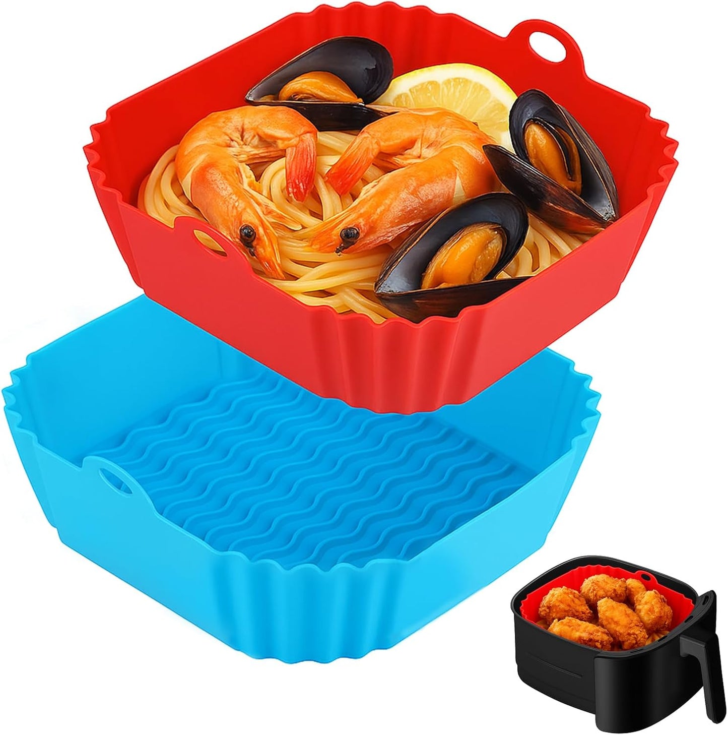 Boribim 2 PCS Square Silicone Air Fryer Liners - 8 Inch Reusable Air Fryer Pot - Air Fryer Accessories - Air Fryer Inserts for 4 to 7 QT Oven Microwave Accessories (Red + Blue)