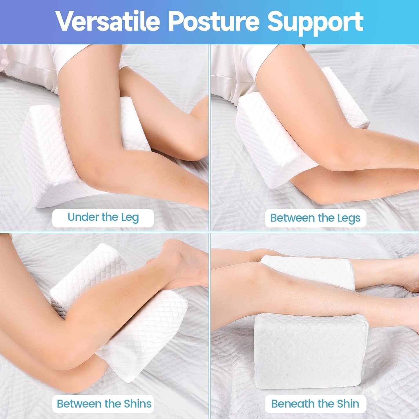CloudBliss Cooling Gel Knee Pillow for Side Sleepers, Memory Foam, White | Contoured leg pillow, high-density foam, removable machine-washable cover, breathable fabric, hip and knee support