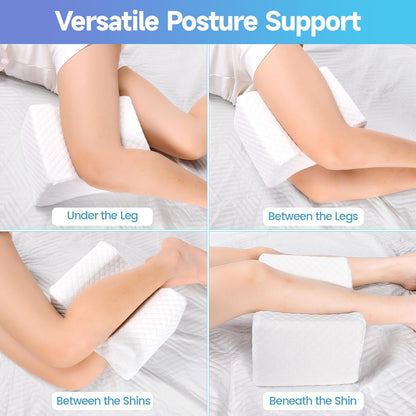 CloudBliss Cooling Gel Knee Pillow for Side Sleepers, Memory Foam, White | Contoured leg pillow, high-density foam, removable machine-washable cover, breathable fabric, hip and knee support