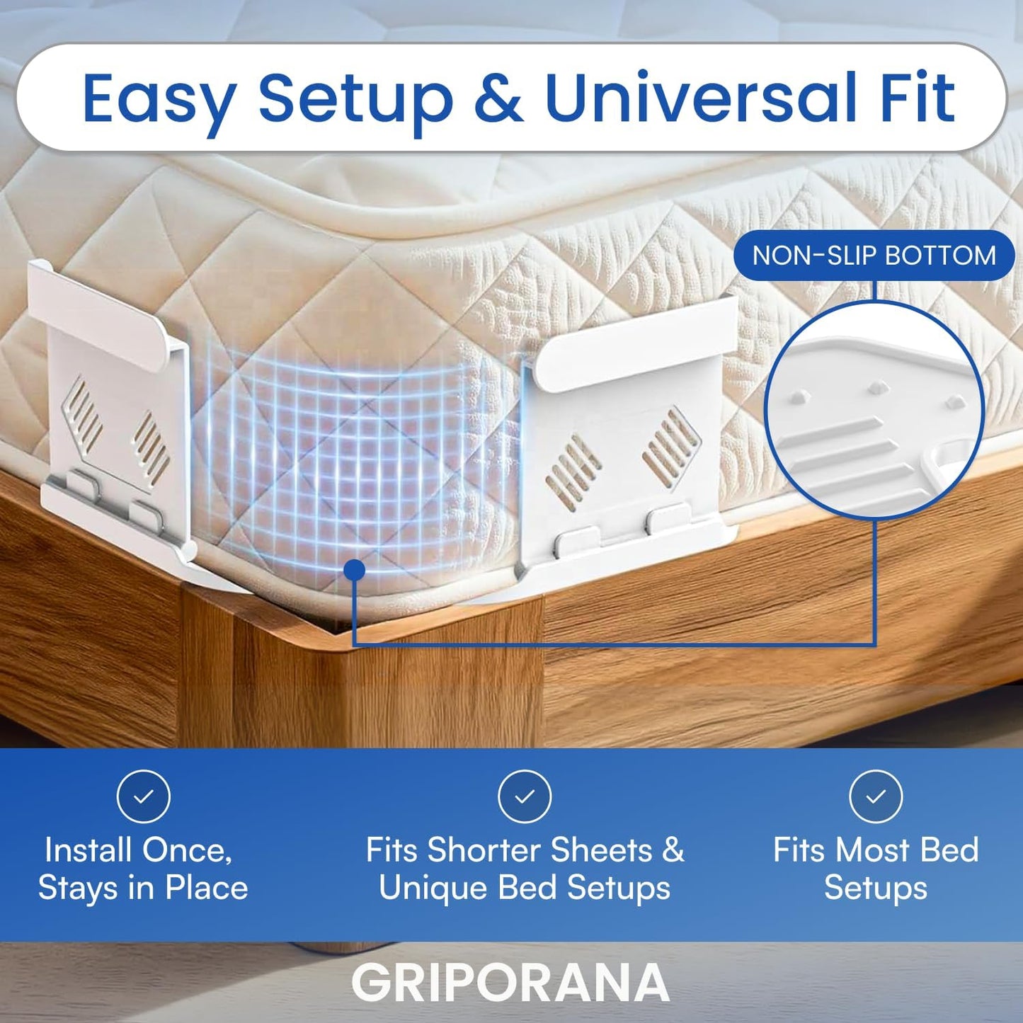 Bed Sheet Holders for Corners - Non Slip Mattress Sheet Gripper - Universal Sheet Holders - No Damage Bedding Holder - Strong 55kg Hold - Easy One-Time Installation - White Sheet Tucker Included