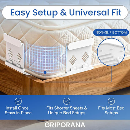 Bed Sheet Holders for Corners - Non Slip Mattress Sheet Gripper - Universal Sheet Holders - No Damage Bedding Holder - Strong 55kg Hold - Easy One-Time Installation - White Sheet Tucker Included