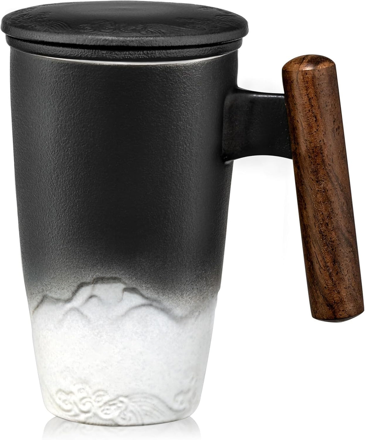suyika Ceramic Tea Cup with Infuser and Lid Tea Mugs Wooden Handle 400ml/13.5oz Dark Green
