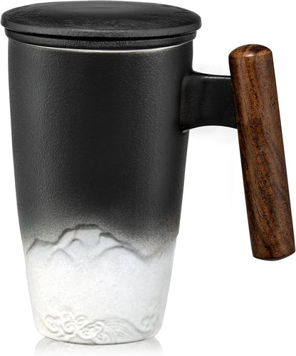 suyika Ceramic Tea Cup with Infuser and Lid Tea Mugs Wooden Handle 400ml/13.5oz Dark Green