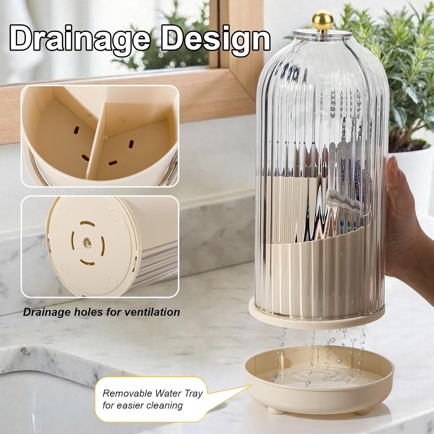 Toothbrush Holders with Cover Toothpaste Organizer for Bathroom, White | 360° Rotating, Dustproof Sliding Lid, Drainage Holes, Waterproof, for Kids Electric Toothbrush Makeup Brush Storage