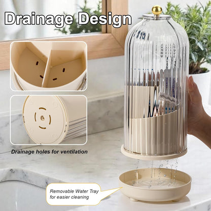Toothbrush Holders with Cover Toothpaste Organizer for Bathroom, White | 360° Rotating, Dustproof Sliding Lid, Drainage Holes, Waterproof, for Kids Electric Toothbrush Makeup Brush Storage