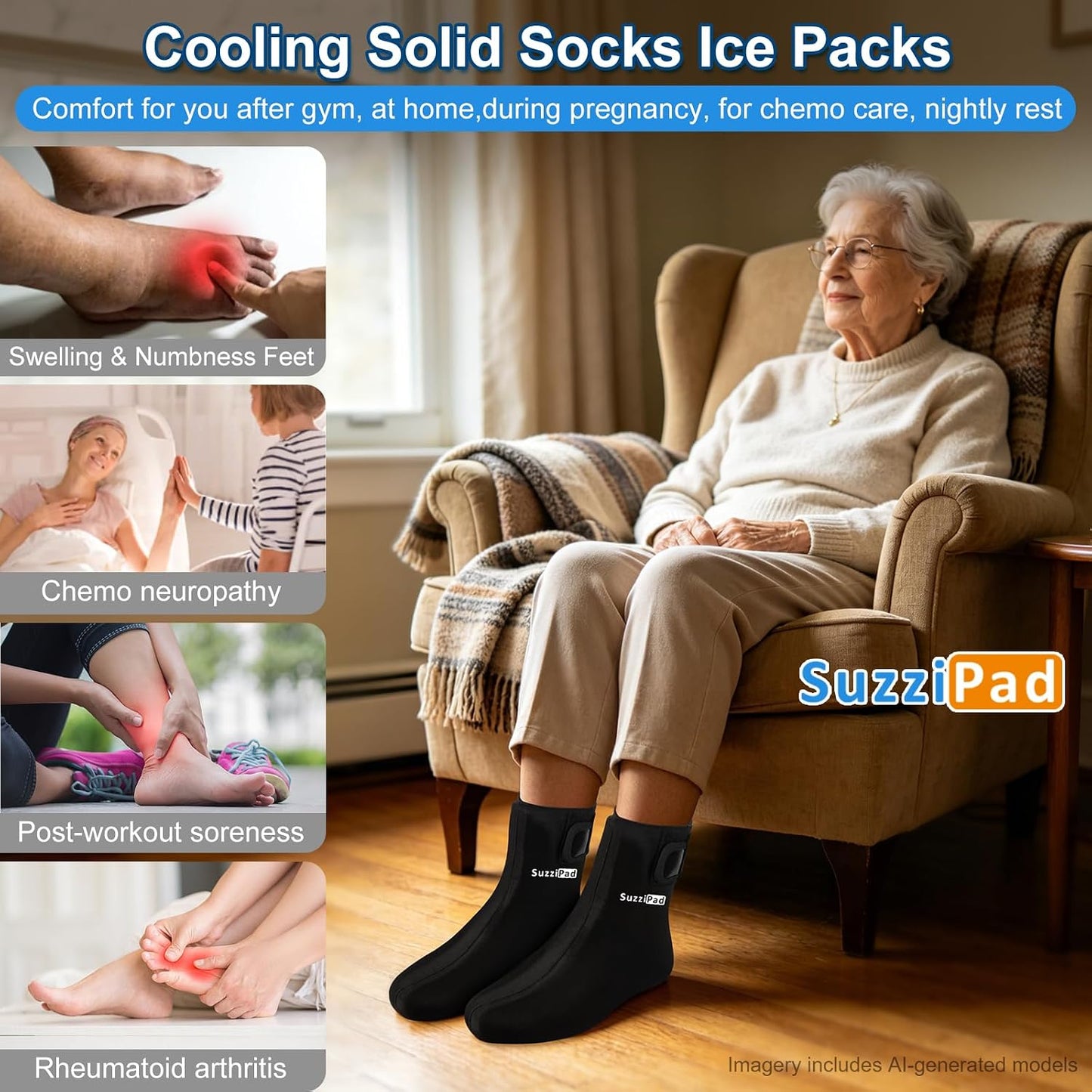 SuzziPad Cold Therapy Socks, Adjustable Ankle Ice Pack Wrap for Chemo, M | Burning Relief Reusable Foot Ice Pack Wrap for Plantar Fasciitis, Arthritis, Achilles Tendonitis, Swelling, Tired & Achy Feet