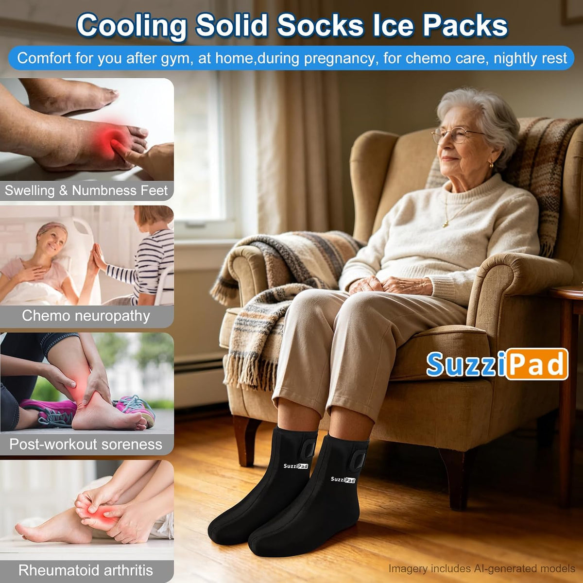 SuzziPad Cold Therapy Socks, Adjustable Ankle Ice Pack Wrap for Chemo, M