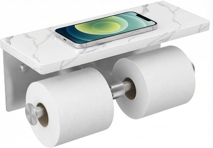 FORIOUS Toilet Paper Holder with Shelf, Natural Marble, Commercial | Brushed Nickel, Wall Mount 304 Stainless Steel Commercial Bathroom Tissue Roll Dispenser, Heavy Duty Washroom Paper Storage