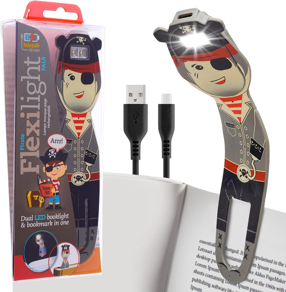 Gifts for Readers & Writers Rechargeable Book Light for Kids, Clip On Reading Light for Bed, 2in1 Flexilight Pals & Bookmark, 12 Hours of Light Once Charged, Includes USB Cable & 2 LED Lights, Dog