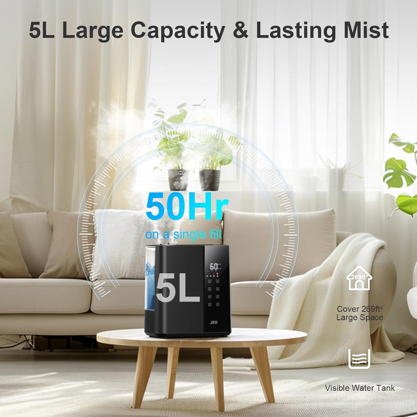 JRD Humidifiers for Bedroom, Ultrasonic Humidifier 4L for Large Room, Cool Mist Top-Fill, 40H Run, 12H Timer, 360° Nozzle, Aroma Diffuser, 7-Color Night Light for Home, Office, Baby-White