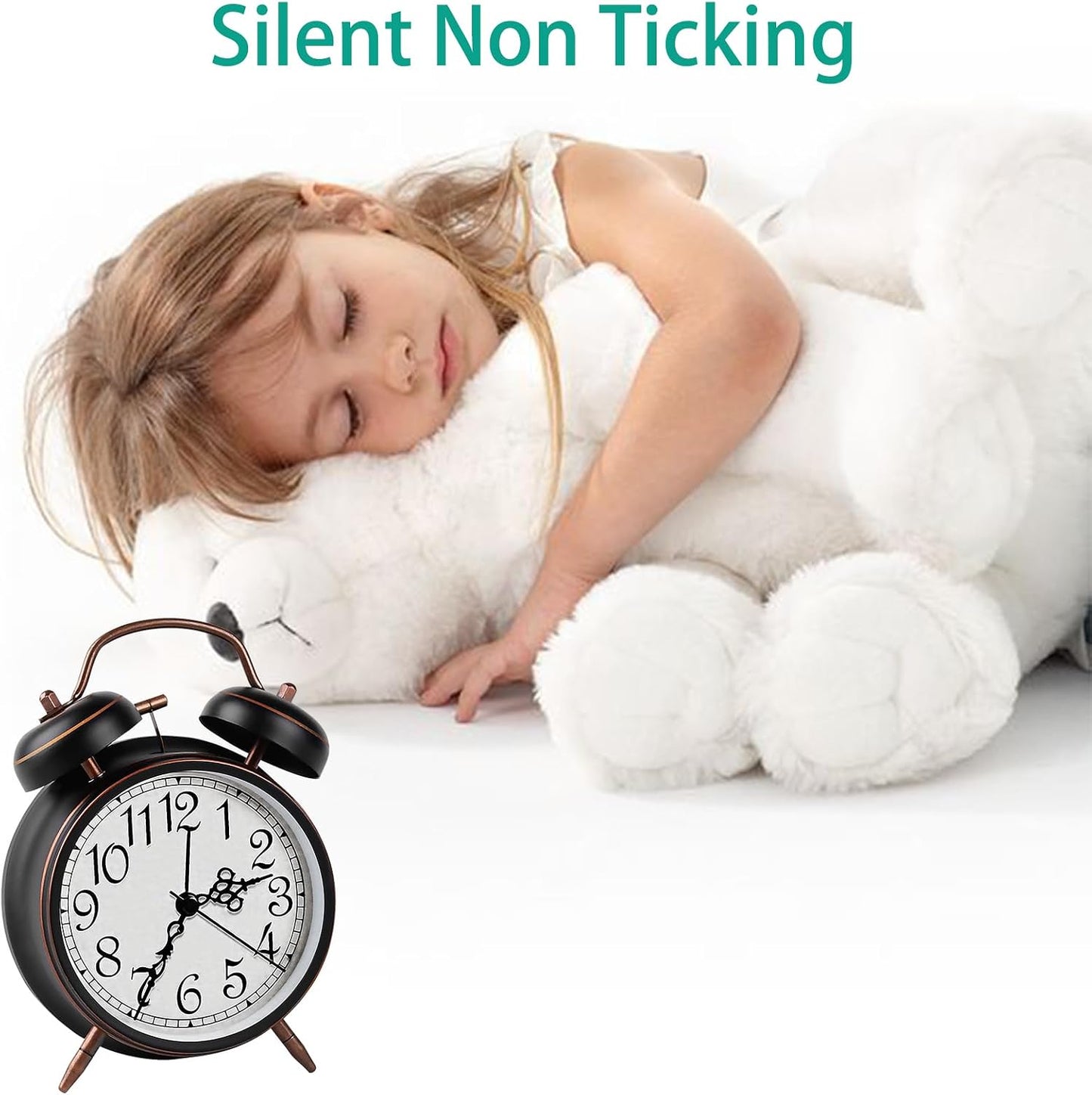 pxy Loud Alarm Clock for Heavy Sleepers 3D Dial Battery Operated (Battery Include), 4" Super Silent Analog Alarm Clock for Kids with Night Light PT260 Silver OrangePT505 Green White