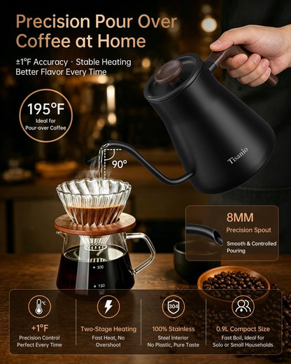 Gooseneck Electric Kettle with Temperature Control, 0.9L, Black | ±1°F Precision Pour Over Kettle, LCD Dual Display, Smart Two-Stage Heating, 2H Keep Warm, 304 Stainless Steel Interior