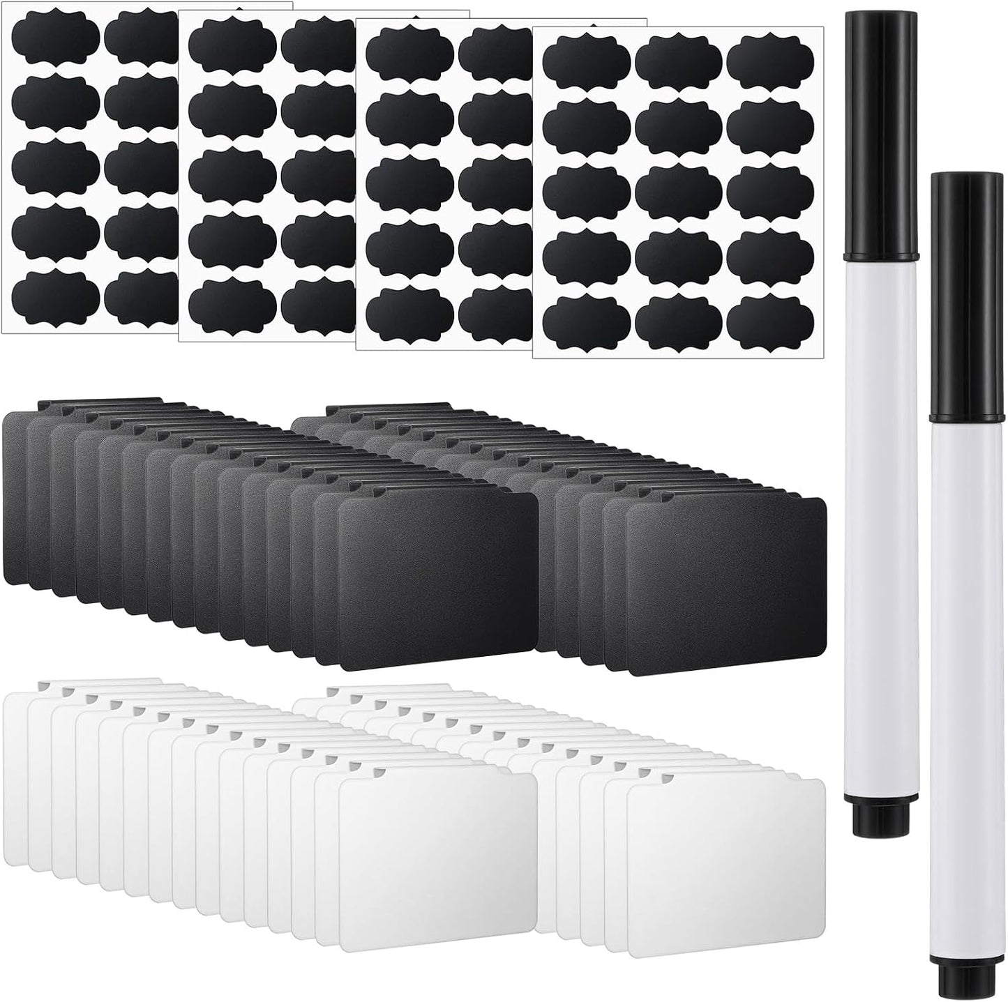 60 Pcs Clip on Labels for Storage Bins | 30 Black & 30 White Label Clips for Storage Bins with 2 Chalk Markers & 4 Flower Stickers (3.5 x 2.5 x 0.6 Inches)