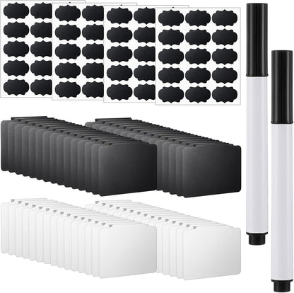 60 Pcs Clip on Labels for Storage Bins | 30 Black & 30 White Label Clips for Storage Bins with 2 Chalk Markers & 4 Flower Stickers (3.5 x 2.5 x 0.6 Inches)