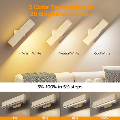 MOITA Battery Operated Wall Sconce Set of 2 Wireless Wall Lamp with Remote Control & Touch Control Rechargeable LED Wall Lights 3 Color Temperatures 360° Rotatable for Bedroom Living Room Black