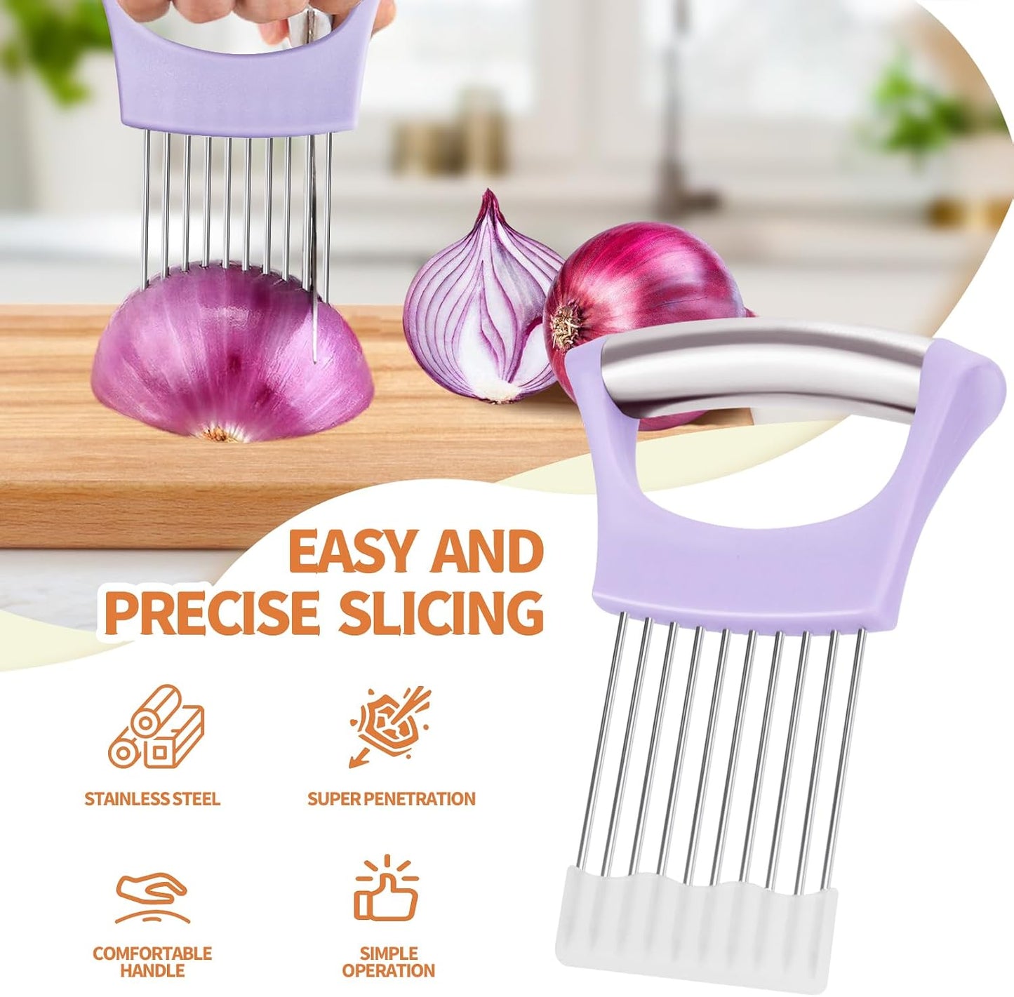 2PCs Stainless Steel Onion Slicer Holder, Onion Cutter Holder for Slicing | Onion Holder, Safety Onion Slicer for Slicing Onions, Tomatoes, Avocados, Eggs and Other Vegetables, Kitchen Utensils