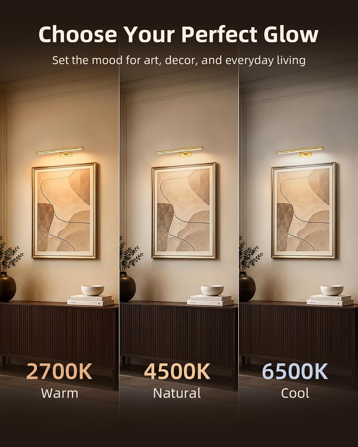 EZVALO Picture Light for Wall, 4800mAh Rechargeable Wireless Gold Light with IR Remote, Dimmable Magnetic LED Art Display Light with 3 Color Temperatures, for Gallery, Living Room, Bedroom(2Pack)
