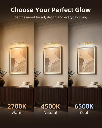 EZVALO Picture Light for Wall, 4800mAh Rechargeable Wireless Gold Light with IR Remote, Dimmable Magnetic LED Art Display Light with 3 Color Temperatures, for Gallery, Living Room, Bedroom(2Pack)