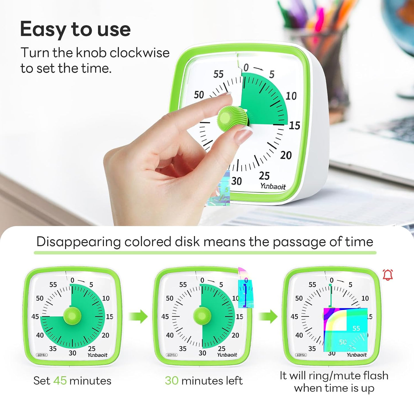 Yunbaoit Visual Timer with Night Light, 60 Minute Countdown, Light Blue | 3 Alarm Modes, Mute Flash, for Kids and Adults, Time Management Tool for Classroom, Home, School, and Work