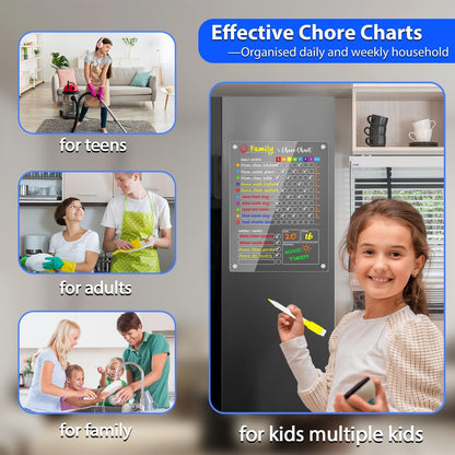 PigPotParty 2-in-1 Acrylic Magnetic Chore Chart for 2 Kids, Large 16x12 in | Clear Dry Erase Fridge Chore Board for Teens, Roommates; Vibrant Layout; Embedded Magnets; 12 Wet-Erase Markers and Towel