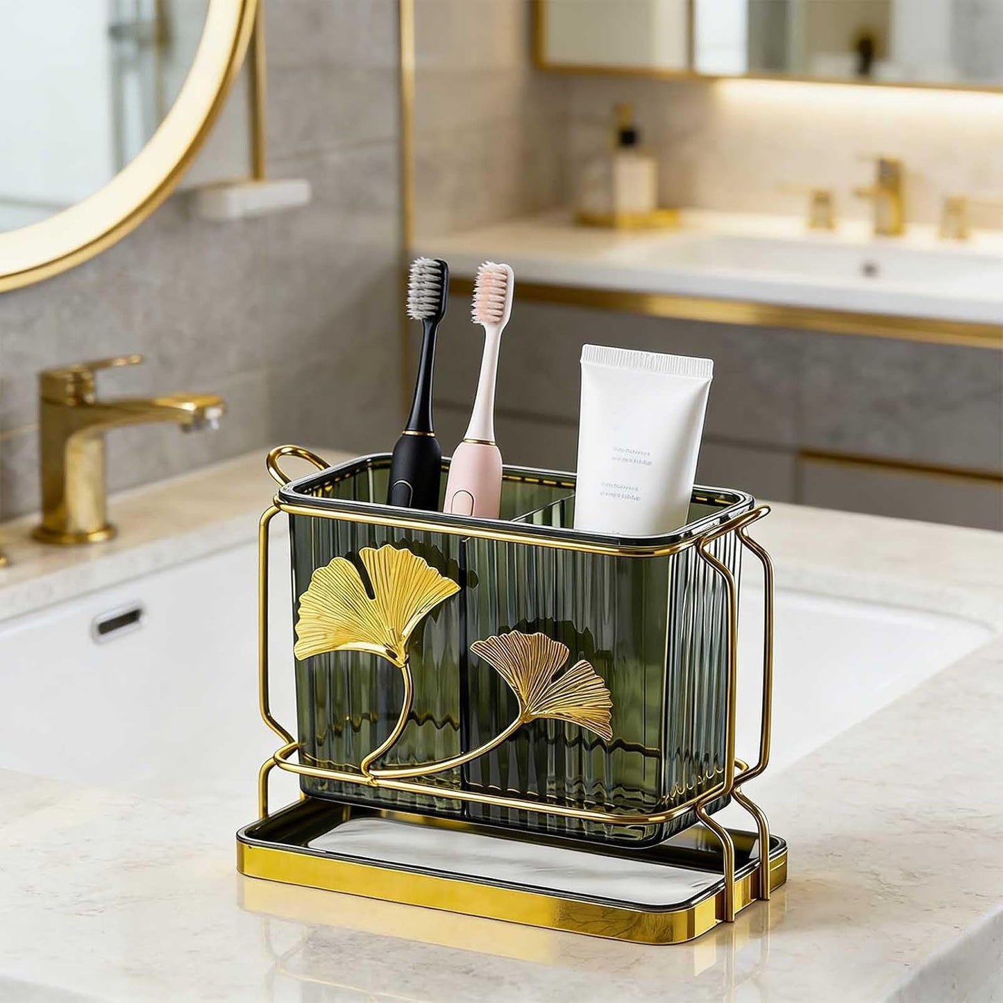Toothbrush Holder for Bathrooms, 2-Compartment Toothbrush Organizer, Drainage and Breathability, Kitchen Utensil Holder, Kitchen Bathroom Tooth Brush Holder Organizers and Storage