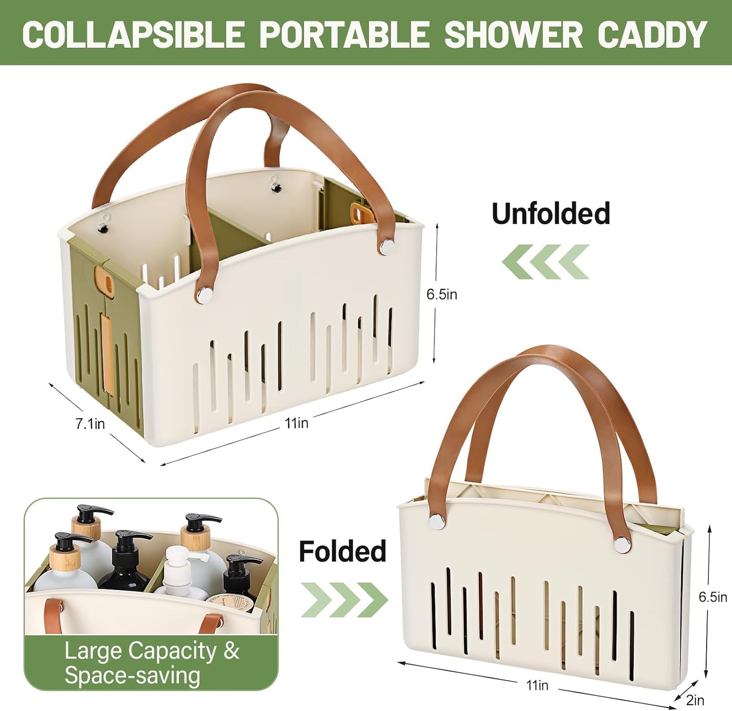 Portable Shower Caddy Collapsible Plastic Shower Basket Tote with Handles Removable Divider, Cleaning Caddy Storage Organizer for Bathroom College Dorm (White)