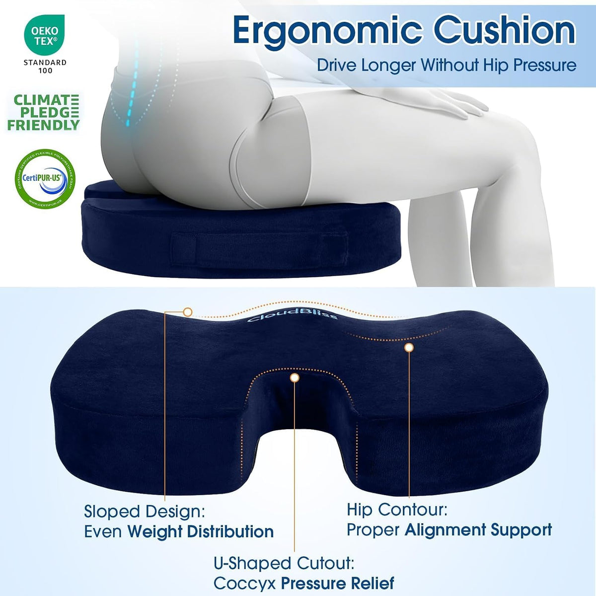 CloudBliss Ergonomic Seat Cushion & Lumbar Support Pillow Set, Black,Large