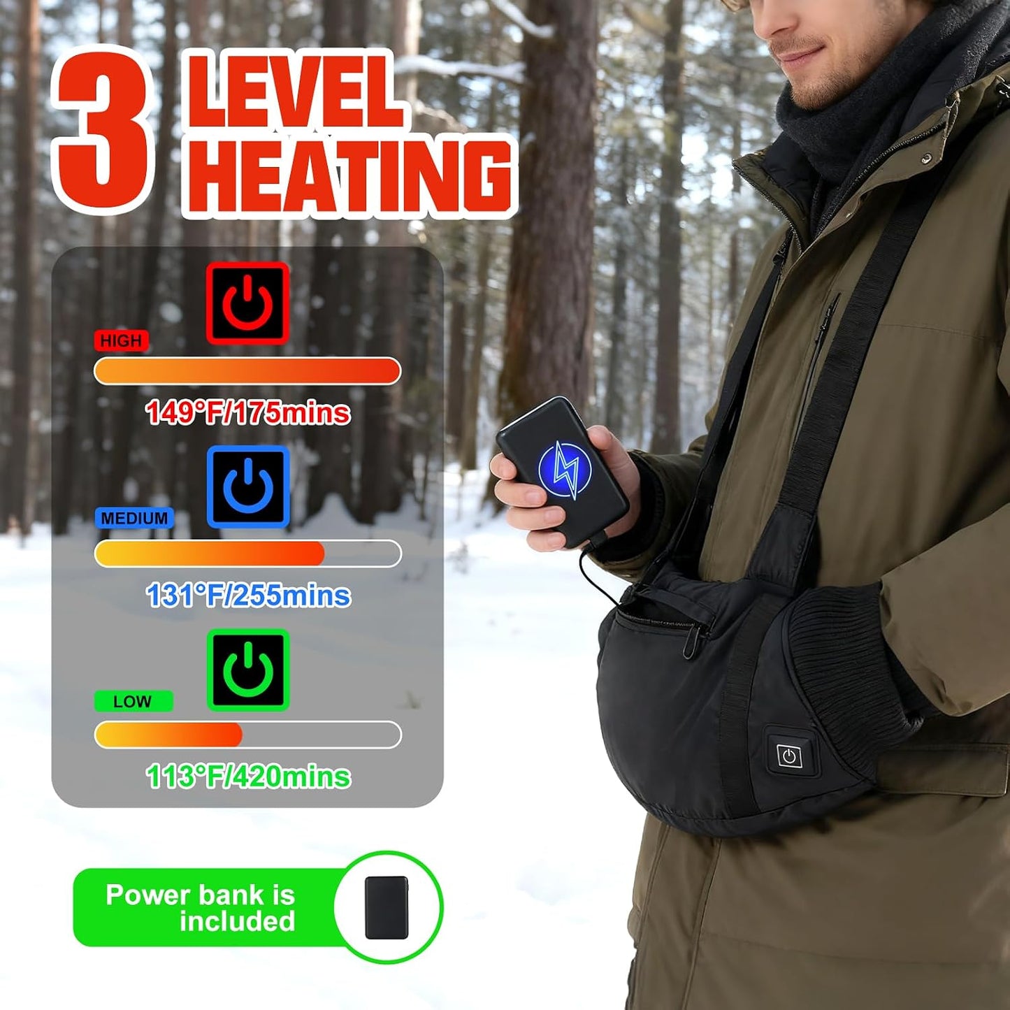 10000mAh Heated Hand Warmers Pouch(Includes Power Bank) | Electric Heated Hand Muff with 3-Level Heat Setting, Rechargeable Power Bank, Adjustable Strap, 2 Pocket for Hunting, Camping