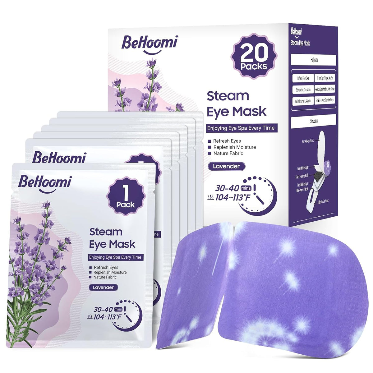 BeHoomi 20 Packs Steam Eye Mask, Heated Eye Mask Warm Compress for Eyes, Disposable Self Heating Steam Mask for Home, Sleep, Spa, Travel Essentials & Relaxation Gifts for Women (Unscented)