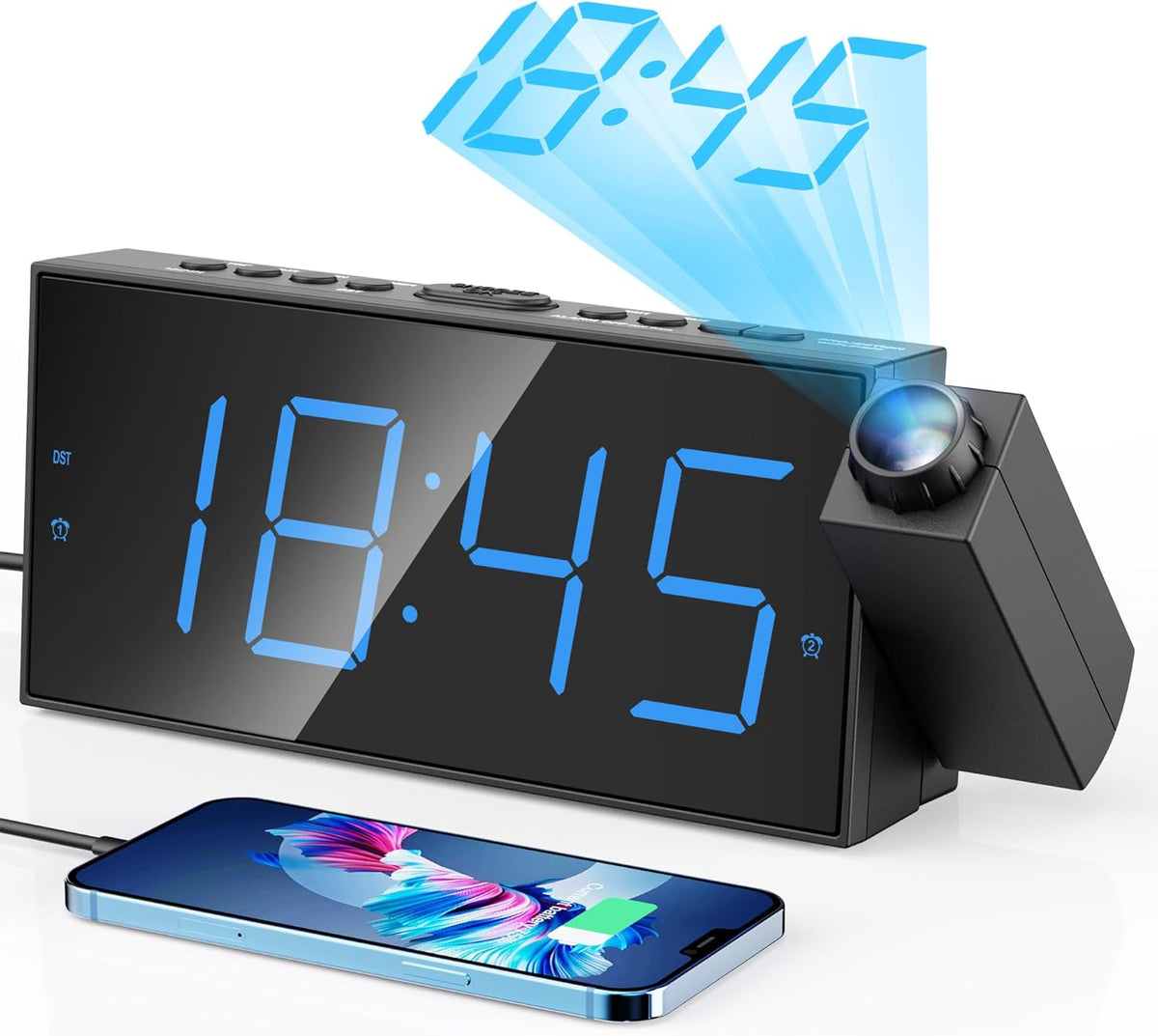 Mesqool Projection Alarm Clock with Bed Shaker, Dual Alarms