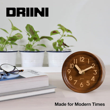 Driini Small, Silent Wooden Analog Desk Clock for Shelf or Table, Dark