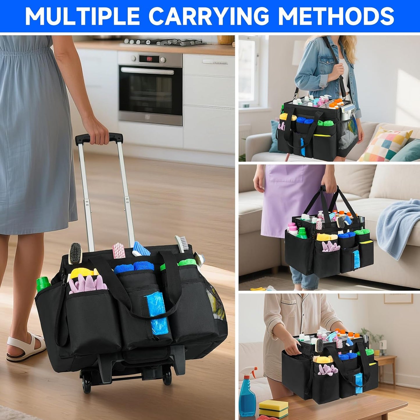Large Rolling Cleaning Caddy Bag with Detachable Trolley,Cleaning Cart on Wheels with Shoulder Strap,Cleaning Supplies Organizer for Housekeepers,Purple