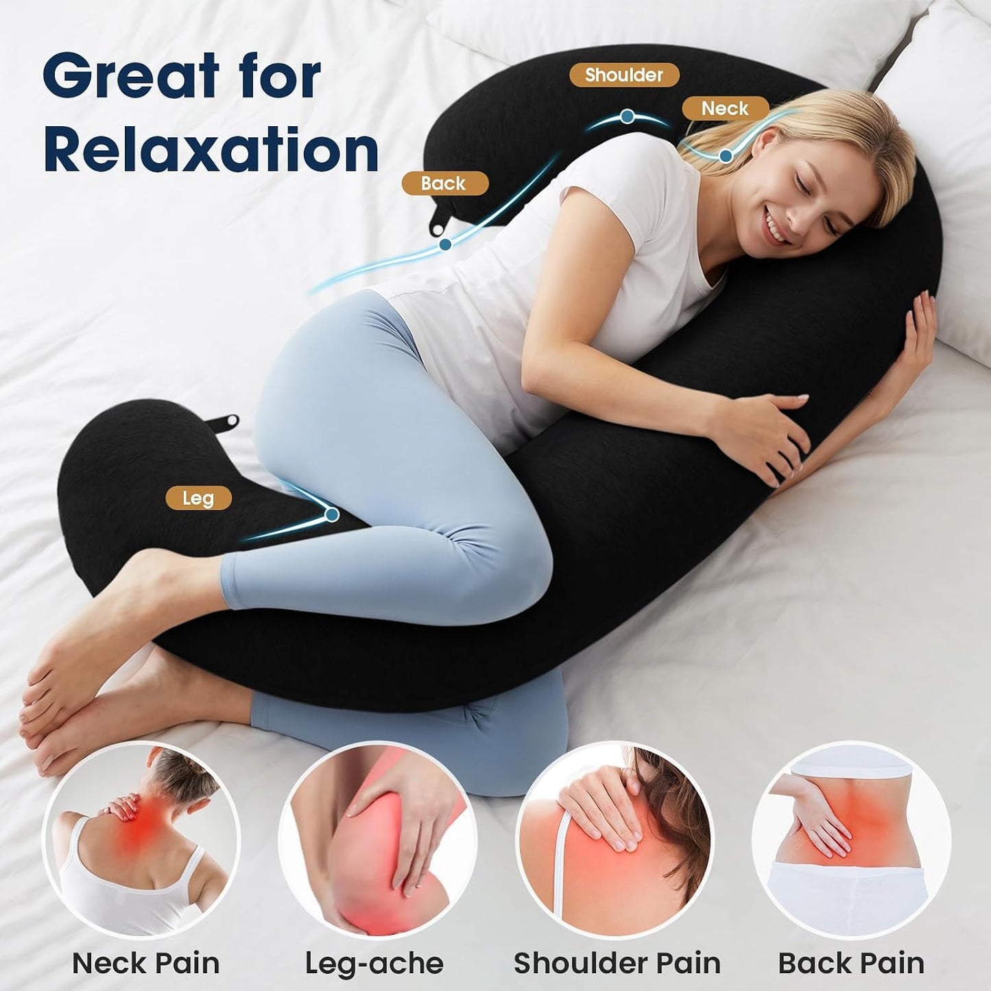 TranquilRelax C Shaped Body Pillow for Side Sleepers, Memory Foam Long Pillow for Leg, Hip & Back Support, Soft Washable Cover,Grey-47"*10"