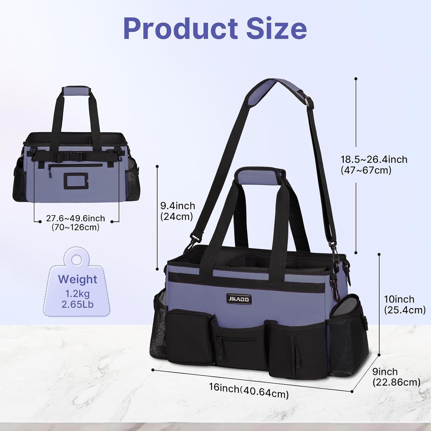 JKAOO Large Wearable Cleaning Caddy Bag with Handles, Denim Blue | Adjustable Shoulder & Waist Straps, Removable, Waterproof Tote for Cleaning Supplies, Home, Car, Office
