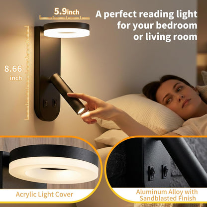 Wall Mounted Reading Lights for Bedroom - Independent Switch, 350° Adjustable Bedside Lamps Set of 2, Hardwired Installation LED Wall Sconces for Living Room, Study Room