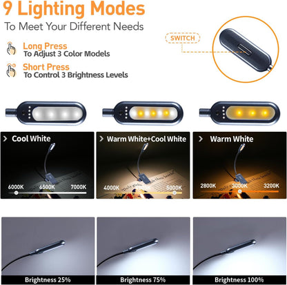 VAVOFO Rechargeable Book Light for Reading in Bed Kids, 7 LED Reading Light with 9-Level Warm Cool White Daylight, Eye Care Lamp with Power Indicator for Bookworms (Yellow)