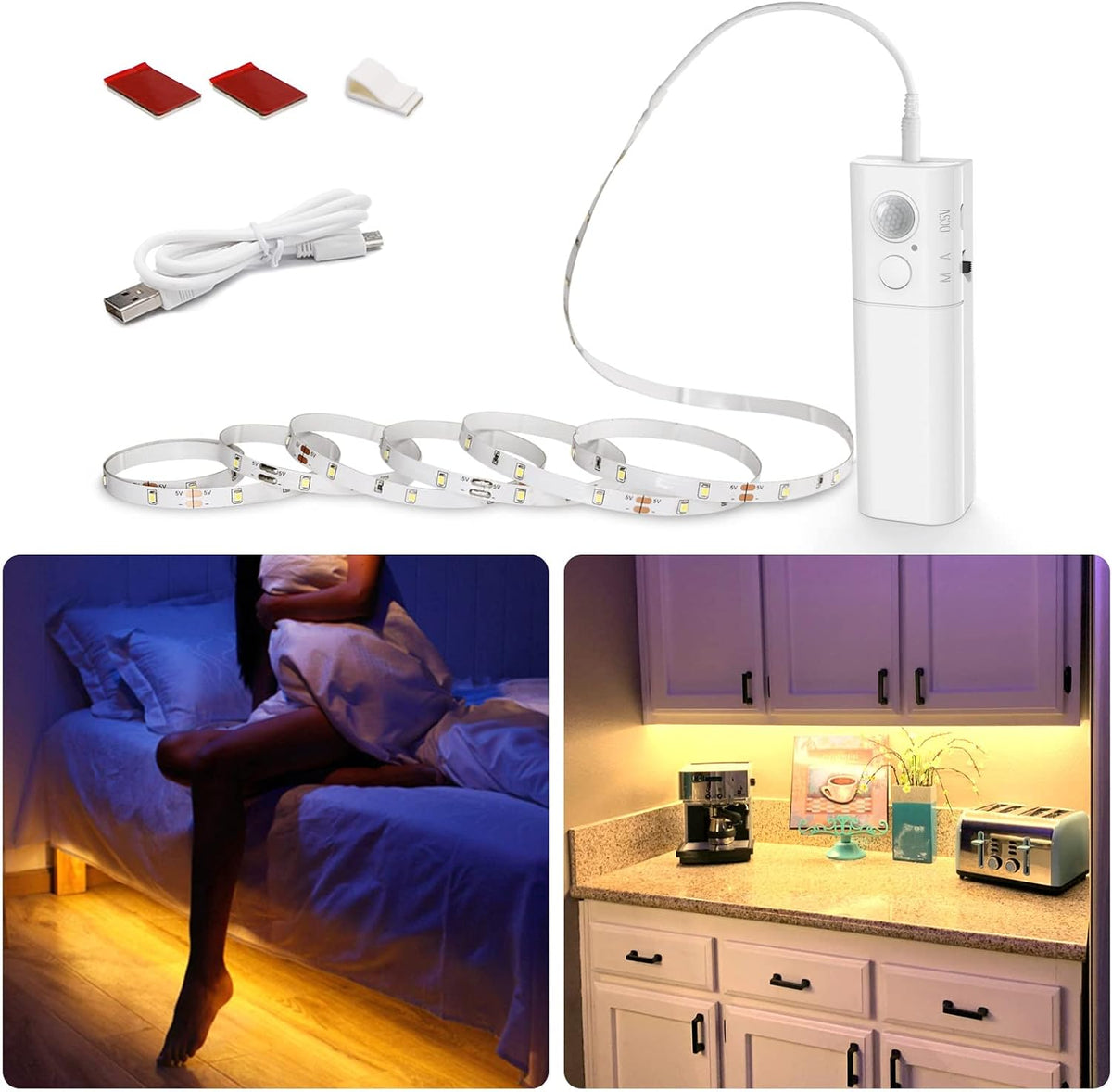 WOBANE Motion Sensor Stair Strip Lights,Rechargeable LED Closet Light,White