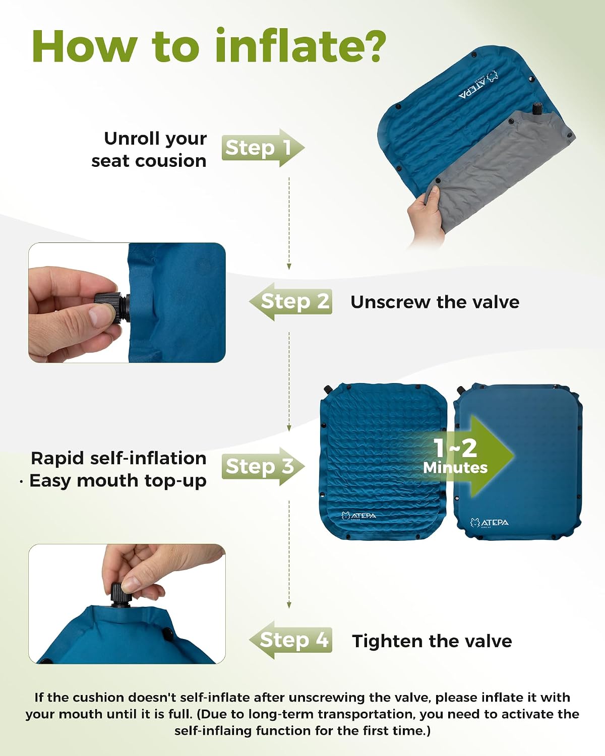 ATEPA Inflatable Seat Cushion | 2" & 2.5" foam core seat pad, Self inflating, Compact, Stadium, Airplane, Travel, Camping, Hiking, Sports events