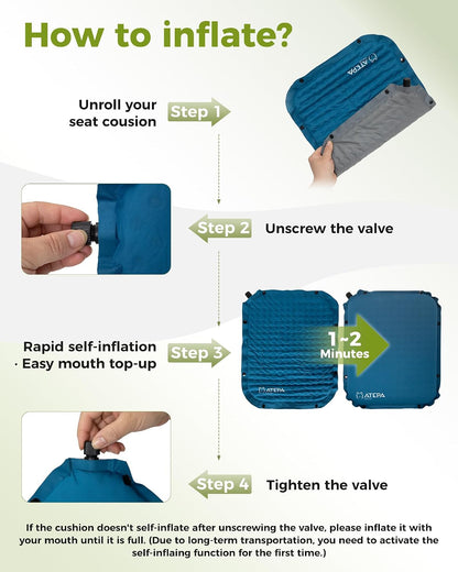 ATEPA Inflatable Seat Cushion | 2" & 2.5" foam core seat pad, Self inflating, Compact, Stadium, Airplane, Travel, Camping, Hiking, Sports events