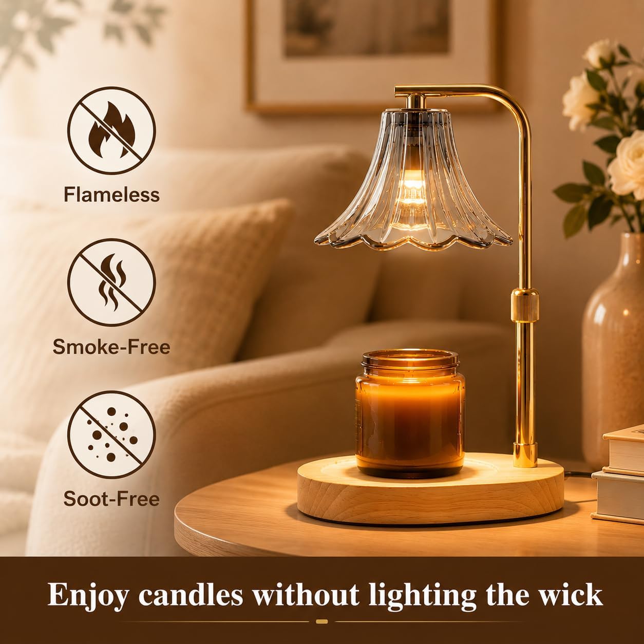 Candle Warmer Lamp with Timer, Dimmer, Vintage Glass Shade | Adjustable height, 2/4/8-hour timer, wood base, 2 bulbs included