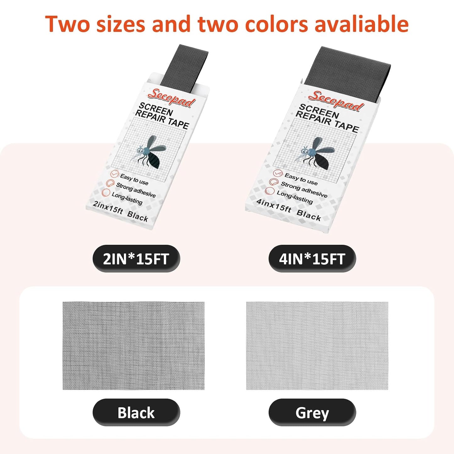 Secopad 2" x 180" (15FT) Screen Repair Tape, Fold Screen Repair Kit, Grey | Window Screen Patch, Quick Repair, Strong Adhesive, Easy to Use, For Mesh Window & Door, Cuttable Fiberglass, No Tools Needed